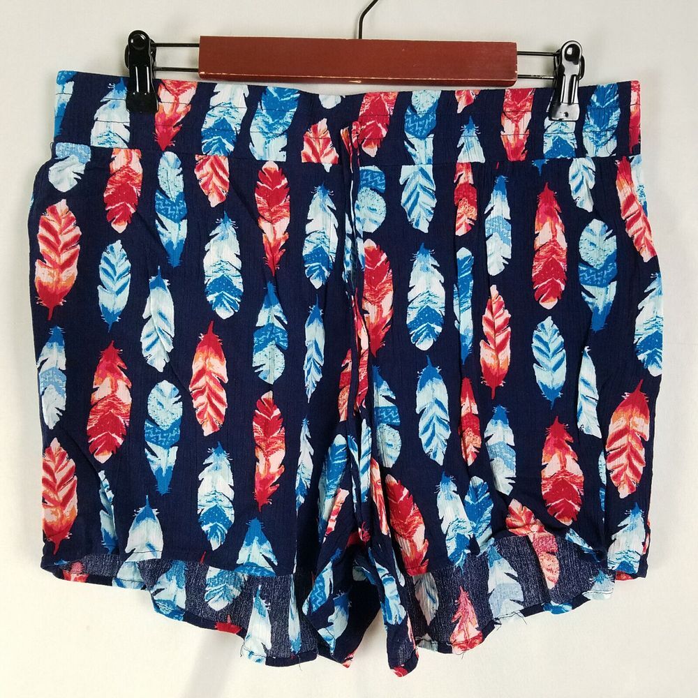 Cato Shorts Womens Large Blue Feather Print‎ High Rise Pull On Elastic Waist